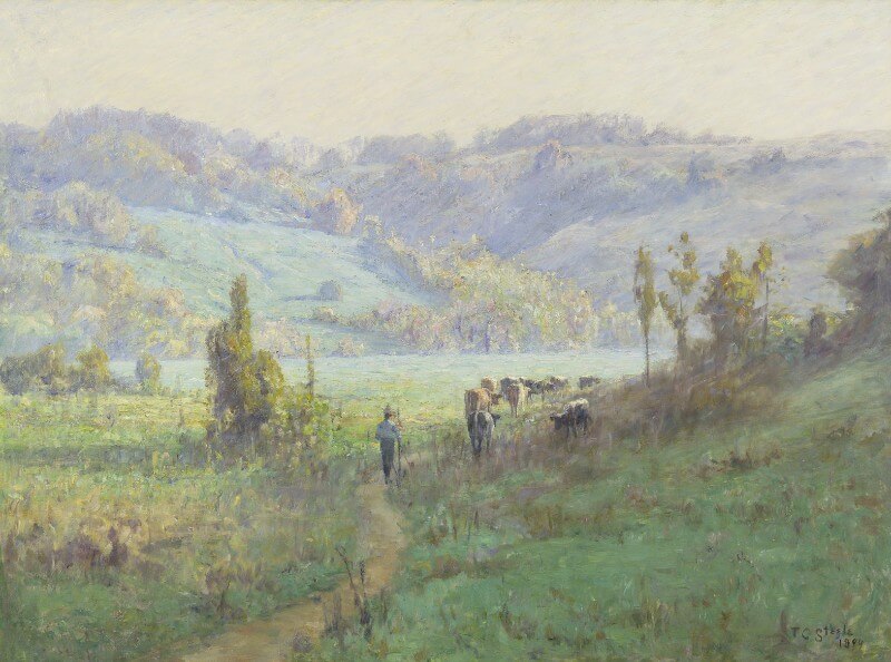 An oil on canvas showing a green field and winding path in foreground. Boy driving small herd of cattle through small trees in mid-ground. Bluish tree-covered slopes and pale sky in background.